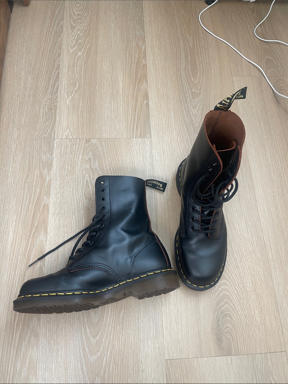 Dr. Martens Black Leather Lace-Up Boots with Yellow Stitching